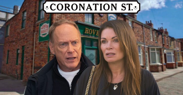 Coronation Street's Stephen, Carla, the Coronation Street logo and background of the Rovers