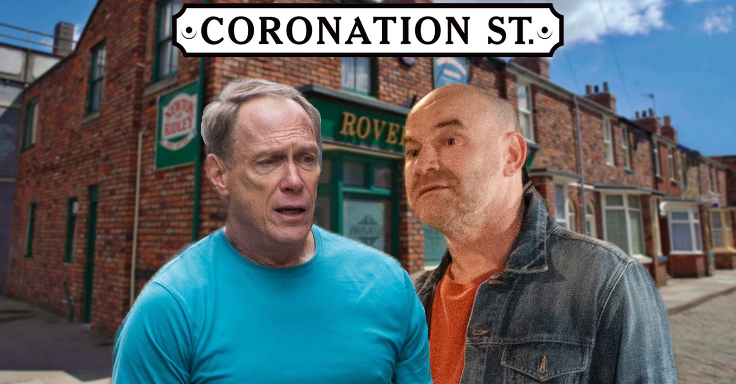 Coronation Street's Stephen, Tim, the Coronation Street logo and background of the Rovers
