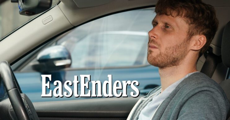 EastEnders' Jay is in a car, the EastEnders logo