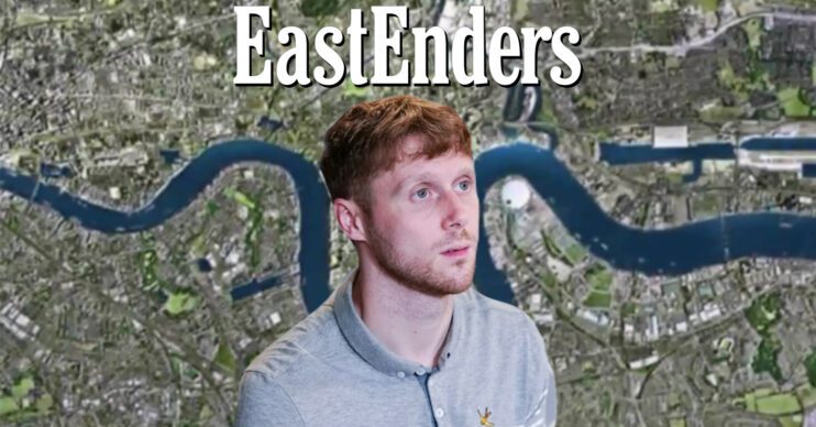 EastEnders' Jay, the EastEnders logo and background of the Thames