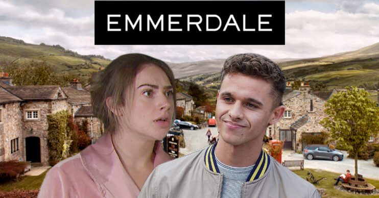 Emmerdale's Victoria, Jacob, the Emmerdale logo and background of the Dales