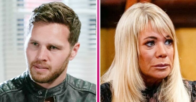 EastEnders' Keanu and Sharon comp image, both look stressed