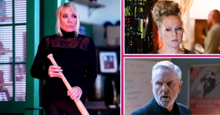 Eastenders composite: Sharon holding a baseball bat, Rocky and Linda looking worried (Credit: BBC/Composite: ED!)