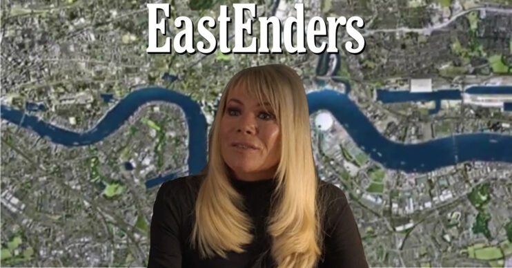 EastEnders' Sharon, the EastEnders logo and background of the Rovers