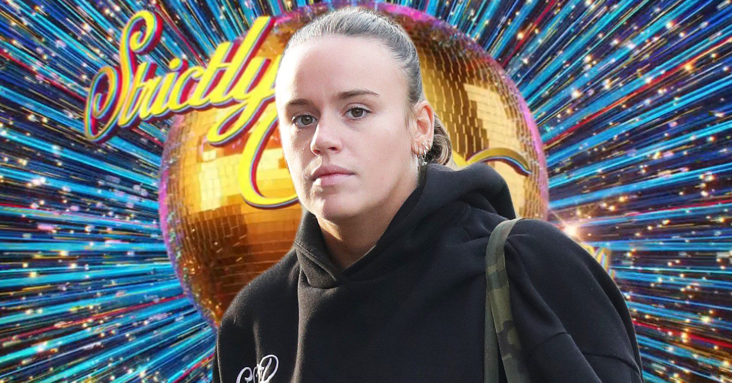 Ellie Leach looks serious in front of Strictly logo