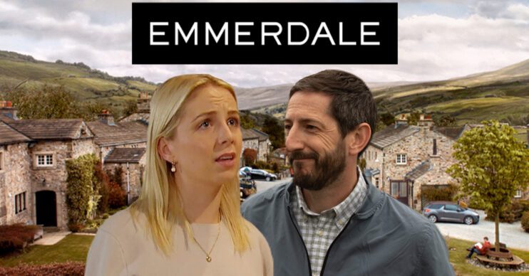 Emmerdale's Belle, Craig, the Emmerdale logo and background of the Dales