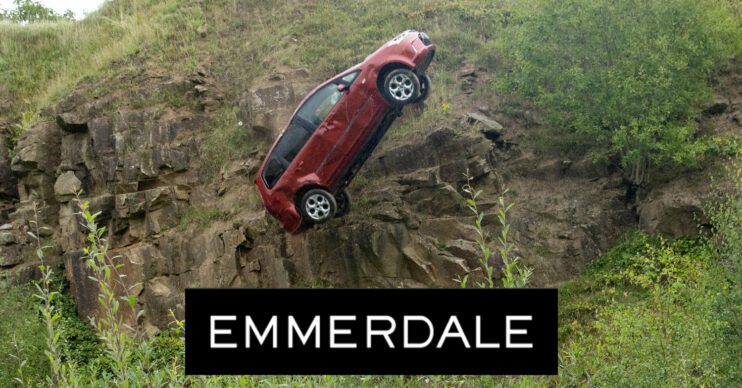 Emmerdale's logo and a car falling off a cliff