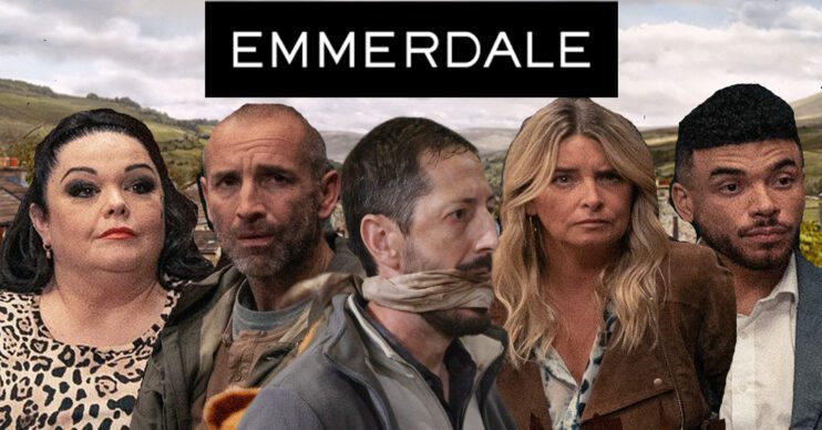Emmerdale's Mandy, Sam, Craig, Charity and Nate, the Emmerdale logo and background of the Dales