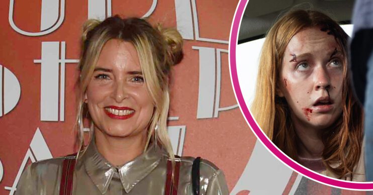 Emmerdale's Emma Atkins is smiling, and in a bubble, Chloe Harris with cuts on her face