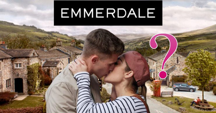 Emmerdale's Jacob and Victoria are kissing, the Emmerdale logo, a pink question mark and the background of the Dales