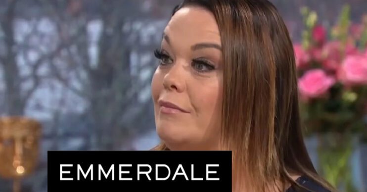 Emmerdale's Lisa Riley and the Emmerdale logo
