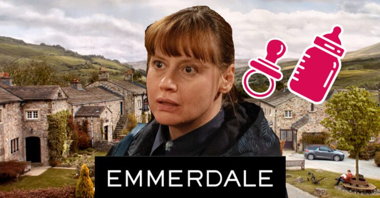 Emmerdale's Lydia, the Emmerdale logo, a baby bottle and dummy and the background of the Dales