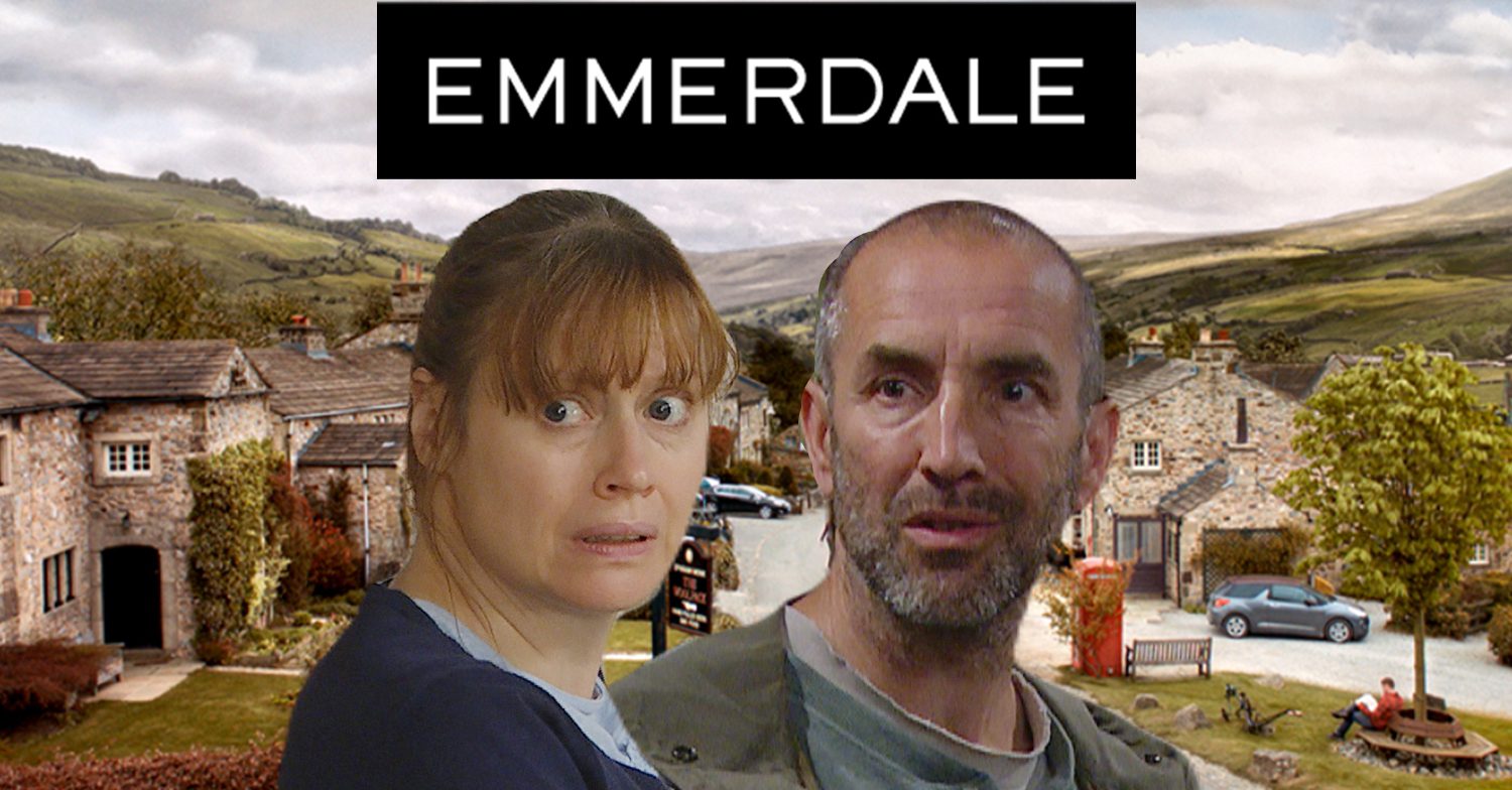 Emmerdale's Lydia, Sam, the Emmerdale logo and background of the Dales