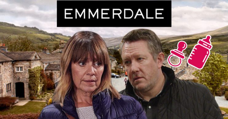 Emmerdale's Rhona, Gus, the Emmerdale logo, a pink bottle and dummy and the background of the Dales