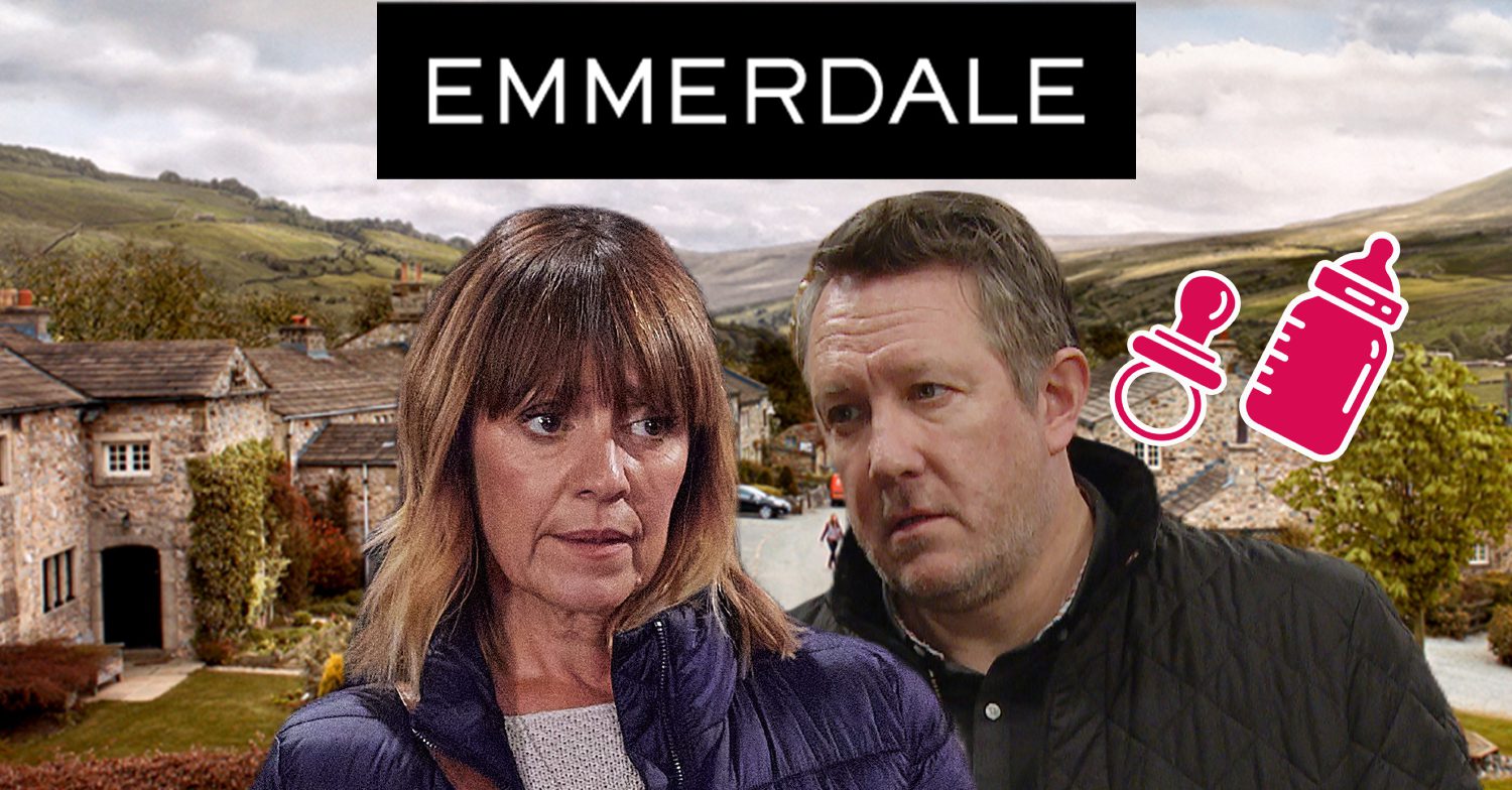 Emmerdale's Rhona, Gus, the Emmerdale logo, a pink bottle and dummy and the background of the Dales