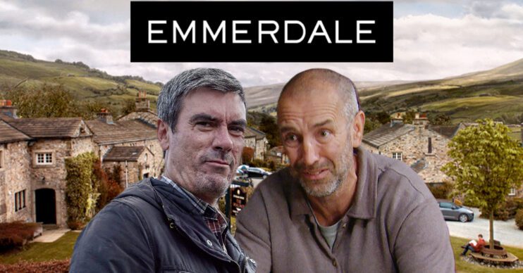 Emmerdale's Cain, Sam, the Emmerdale logo and background of the Dales