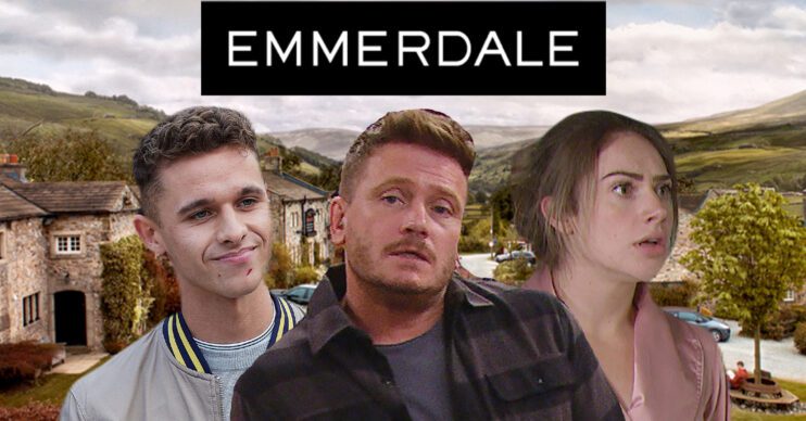 Emmerdale's Jacob, David, Victoria, the Emmerdale logo and background of the Dales