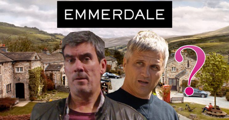 Emmerdale's Cain, Caleb, the Emmerdale logo and background of the Dales