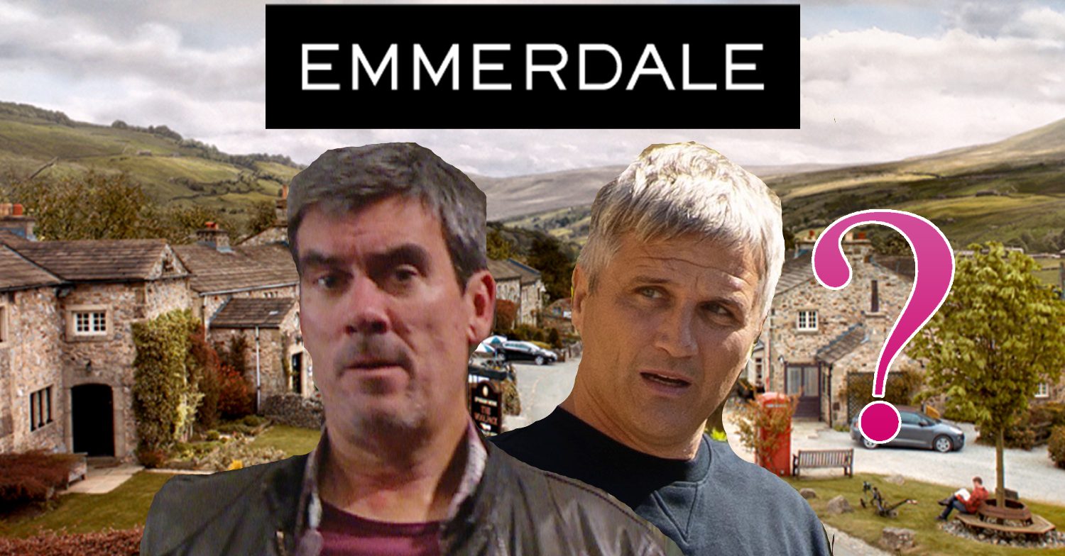 Emmerdale's Cain, Caleb, the Emmerdale logo and background of the Dales