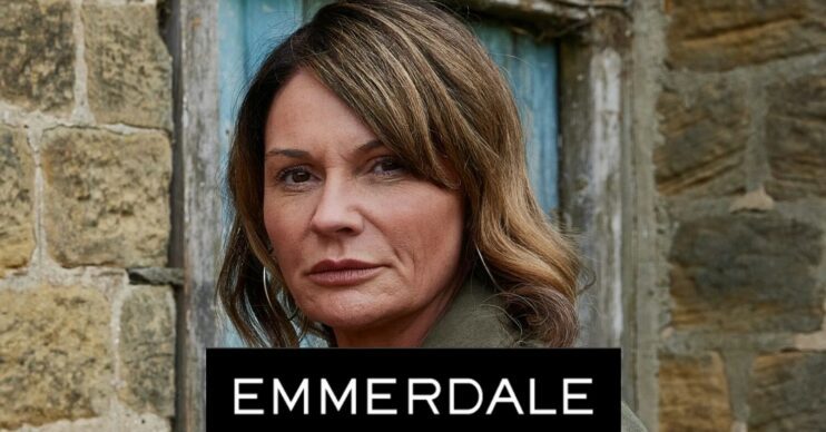 Image of Emmerdale's Chas looks serious with the show logo