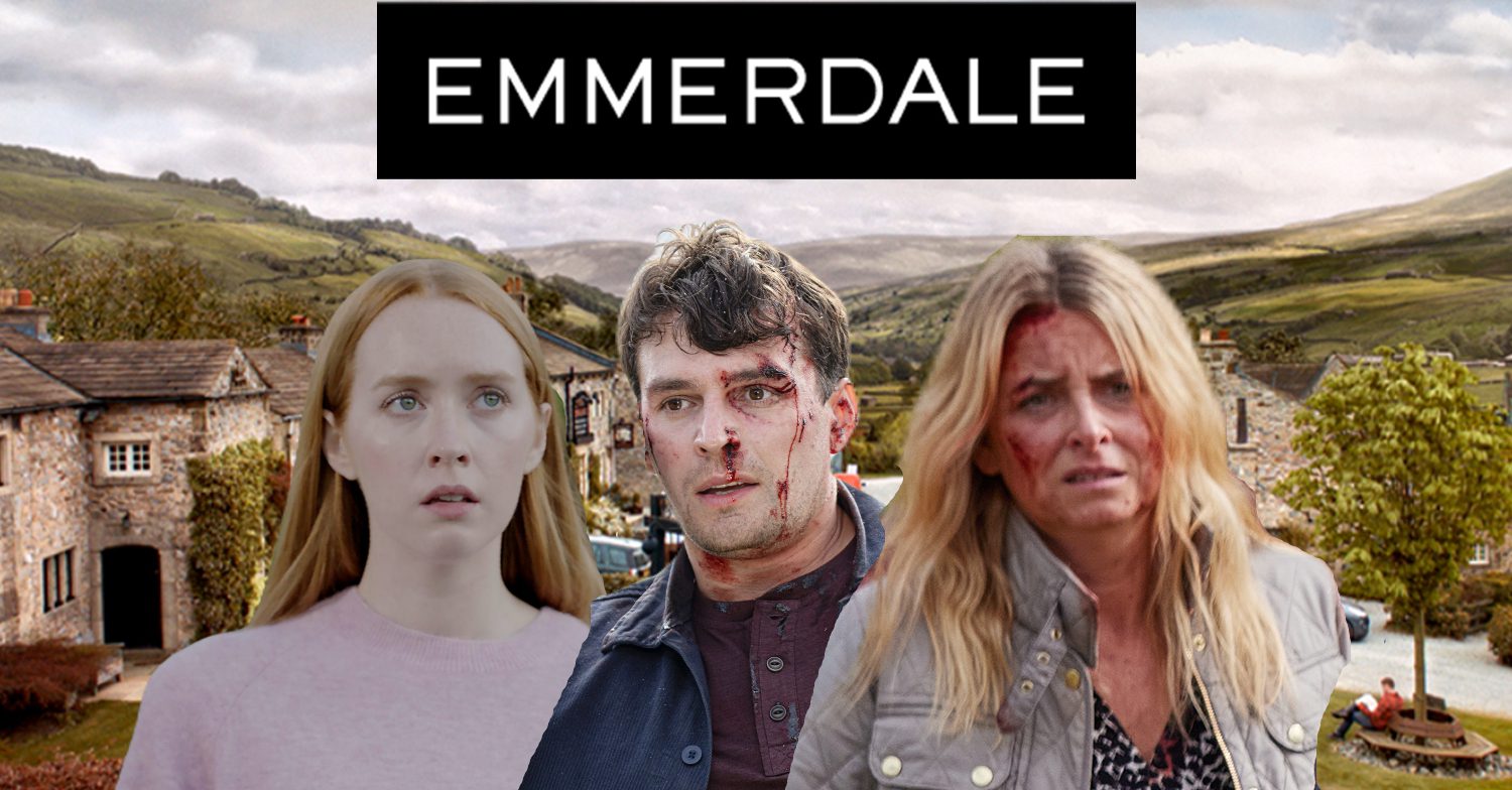 Emmerdale's Chloe, Mack, Charity, the Emmerdale logo and background of the Dales