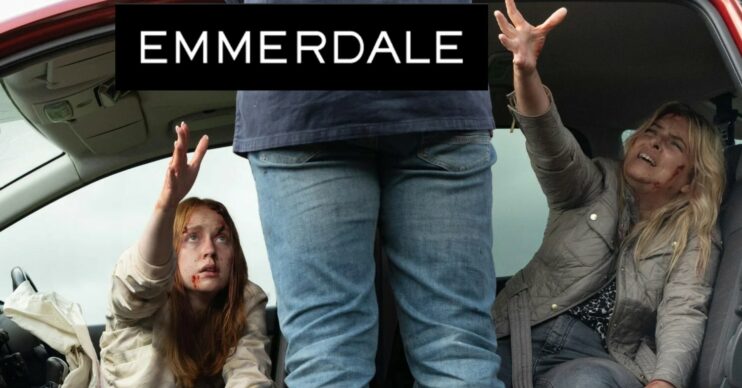 Emmerdale logo comp image with Chloe and Charity reaching out their hands to be rescued by Mack