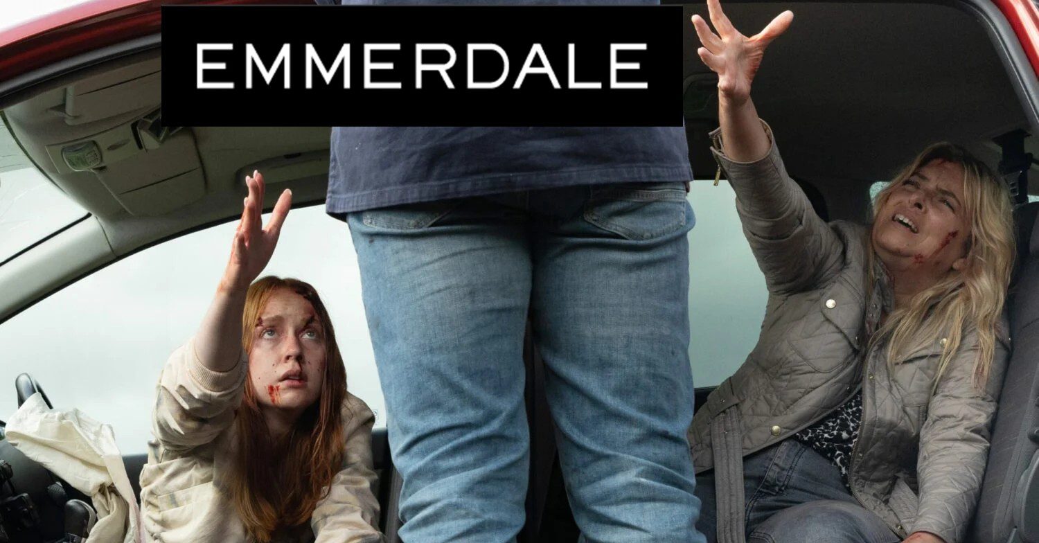 Emmerdale logo comp image with Chloe and Charity reaching out their hands to be rescued by Mack
