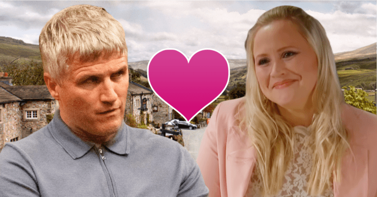 Emmerdale comp image: Caleb and Tracy on the Emmerdale background with a pink heart between them