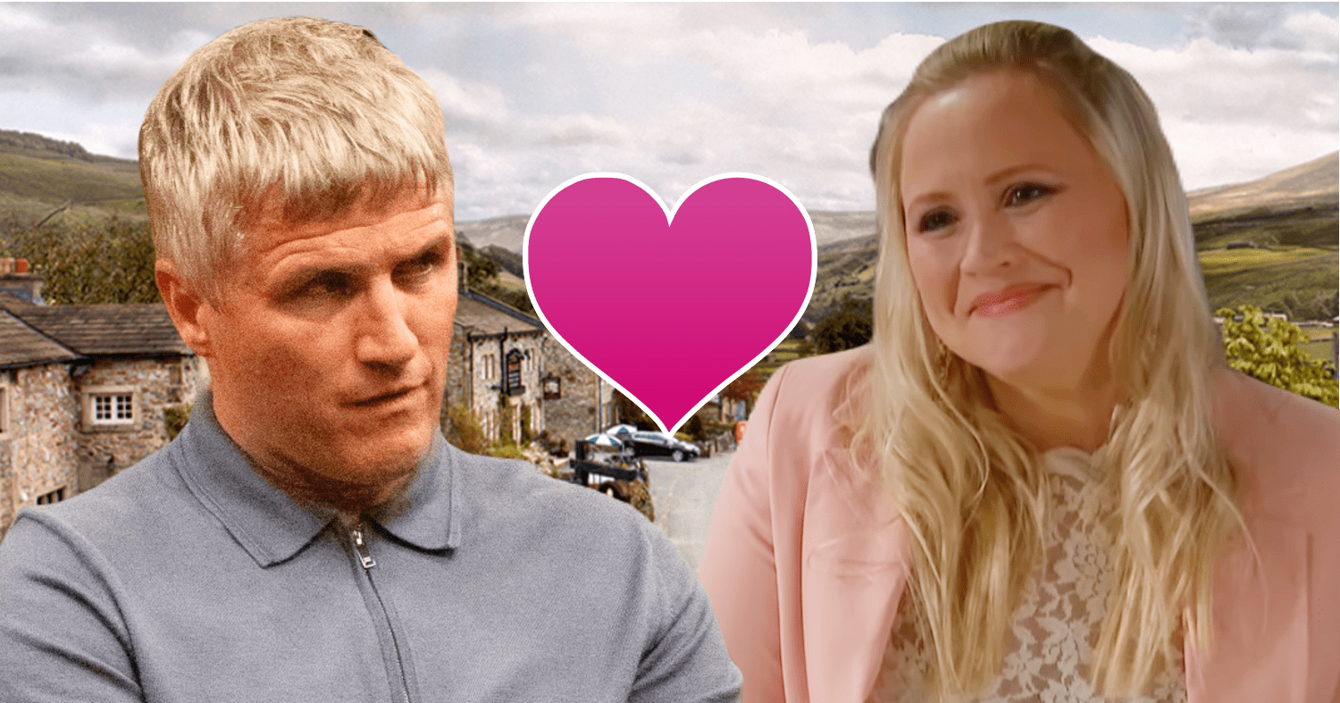 Emmerdale comp image: Caleb and Tracy on the Emmerdale background with a pink heart between them