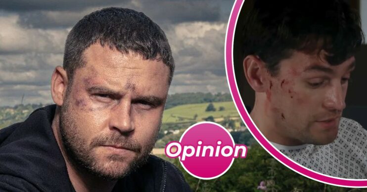 Emmerdale comp image: Aaron and Mack with an opinion bubble on