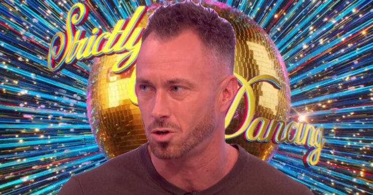 James Jordan in front of Strictly logo