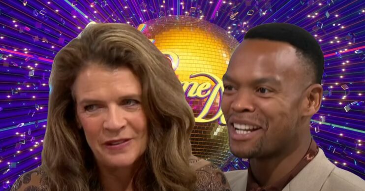 Johannes and Annabel in interview; in the background, Strictly logo (Credit: BBC/YouTube)