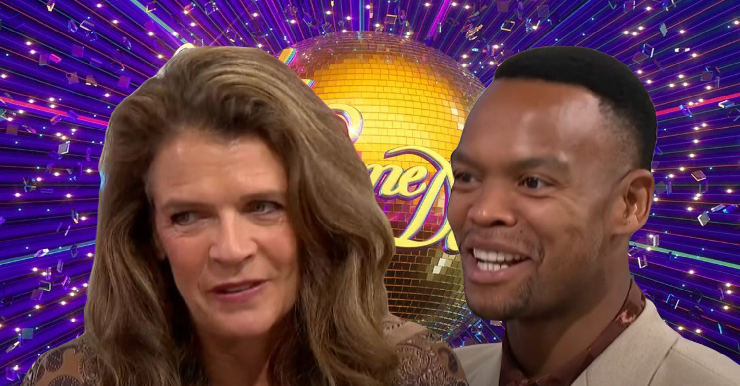 Johannes and Annabel in interview; in the background, Strictly logo (Credit: BBC/YouTube)