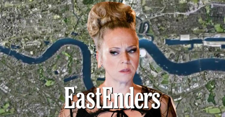Linda looking worried on EastEnders; inset, Walford background and logo (Credit: BBC/Composite: ED!)