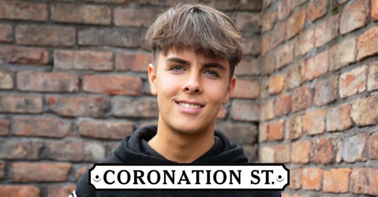 Luca Toolan smiles as Mason in Corrie with show logo