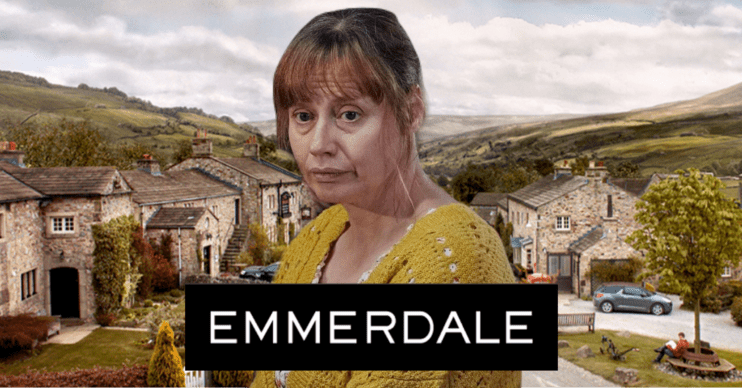 Lydia Dingle looks upset on Emmerdale; village background and logo (Credit: ITV/Composite: ED!)