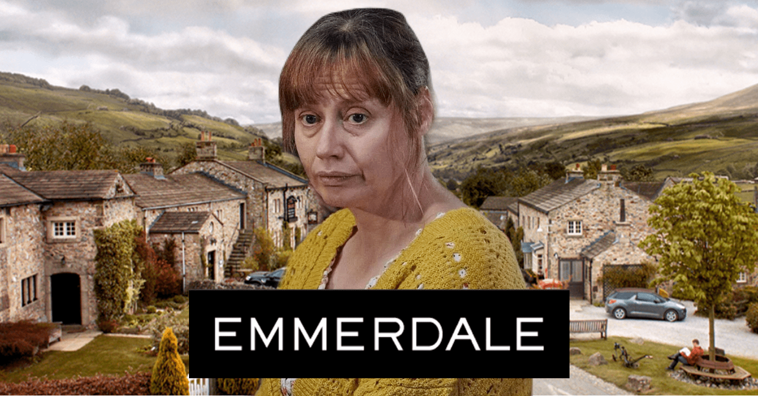 Lydia Dingle looks upset on Emmerdale; village background and logo (Credit: ITV/Composite: ED!)
