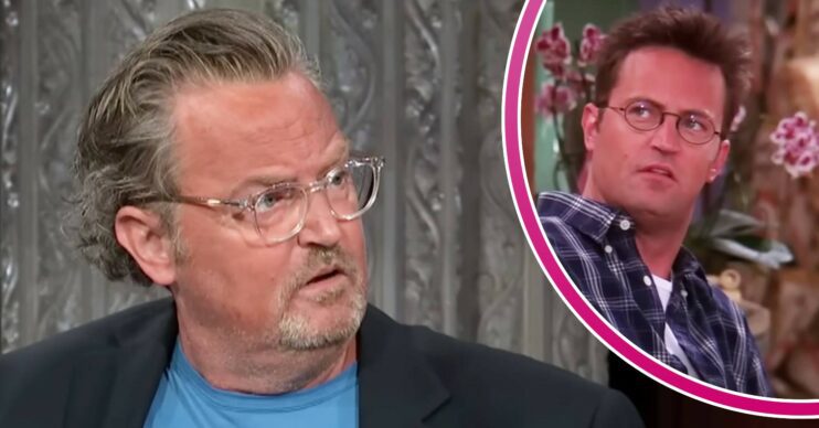 Matthew Perry looks serious, and in character in Friends