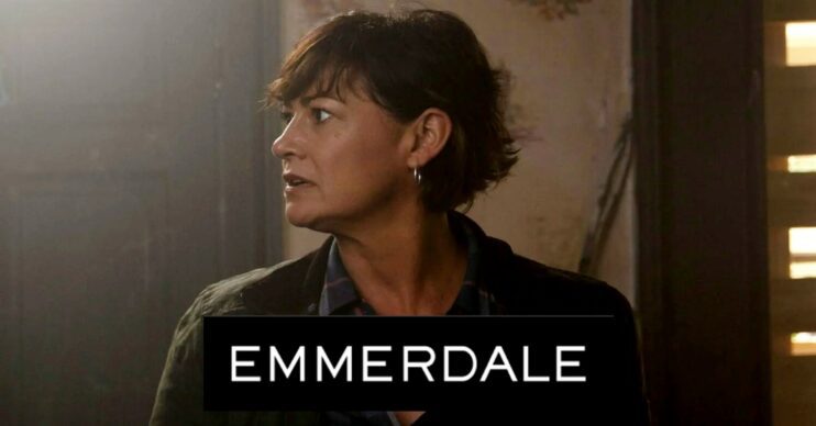 Moira looking shocked on Emmerdale; inset, soap logo (Credit: ITV/Composite: ED!)