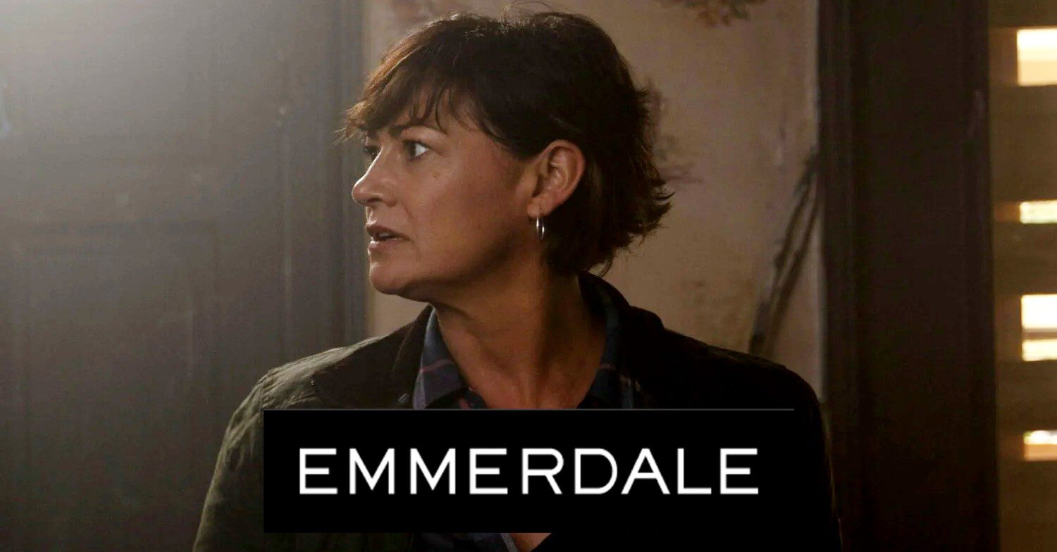 Moira looking shocked on Emmerdale; inset, soap logo (Credit: ITV/Composite: ED!)