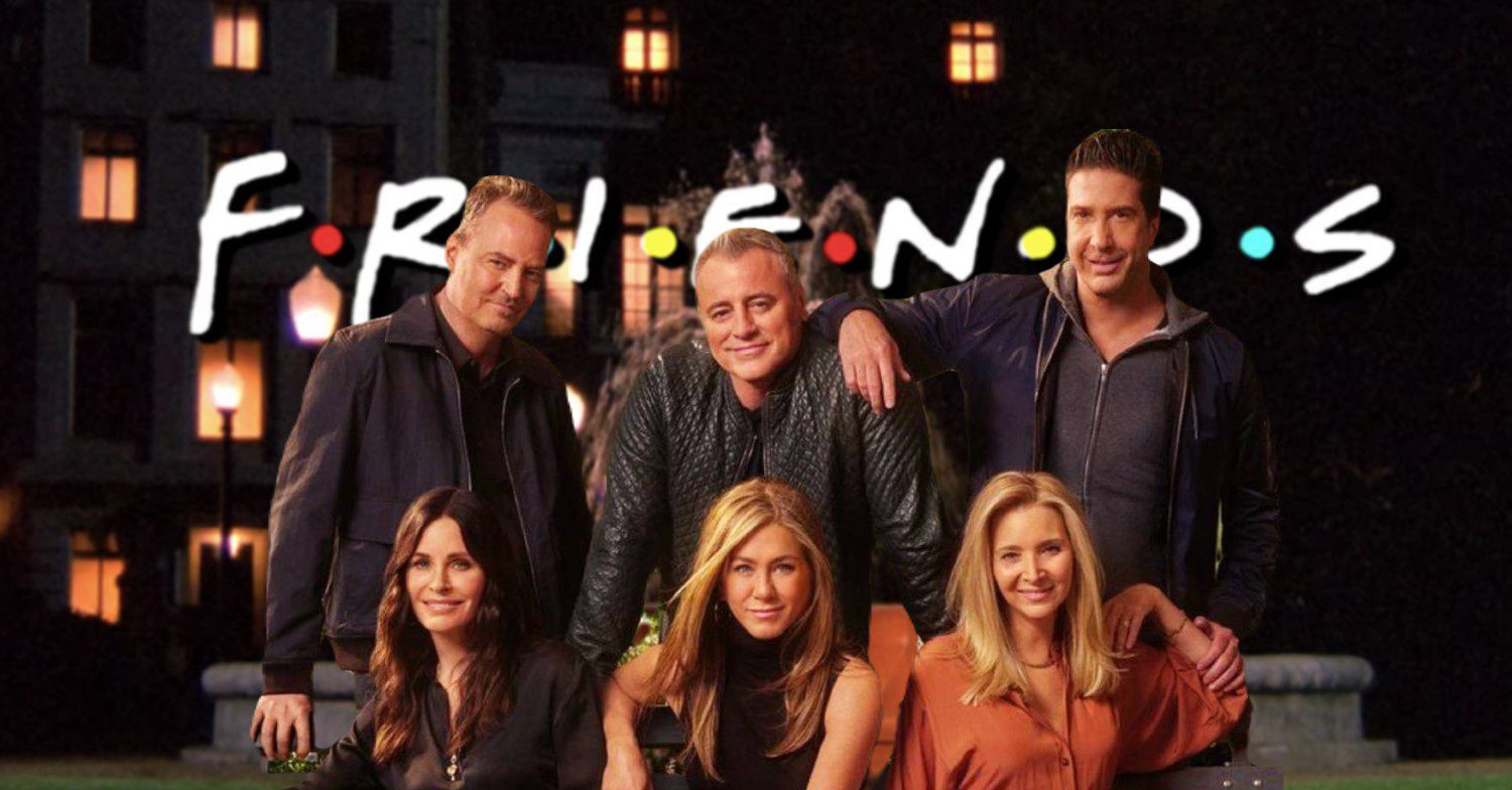 Friends cast including Matthew Perry and the logo