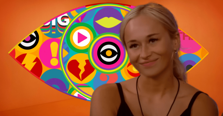 Big Brother contestant Olivia in front of the colourful Big Brother Logo