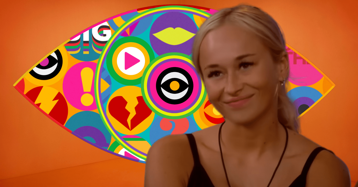 Big Brother contestant Olivia in front of the colourful Big Brother Logo