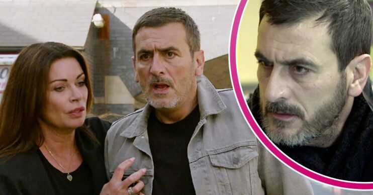 Peter and Carla looking shocked on Corrie; inset, drunken Peter (Credit: ITV/Composite: ED!)