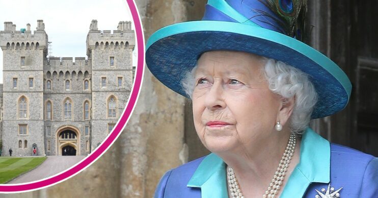 Windsor Castle, and the Queen in blue outfit