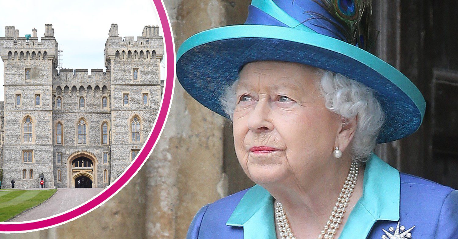 Windsor Castle, and the Queen in blue outfit