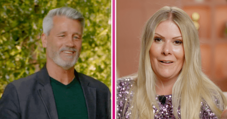 My Mum, Your Dad contestant Roger smiling in a green t-shirt and dark blazer and Janey smiling in a pink sparkly dress.