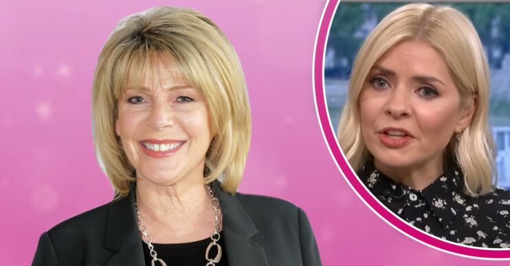 Ruth Langsford smiling in front of pink background and Holly Willoughby on This Morning