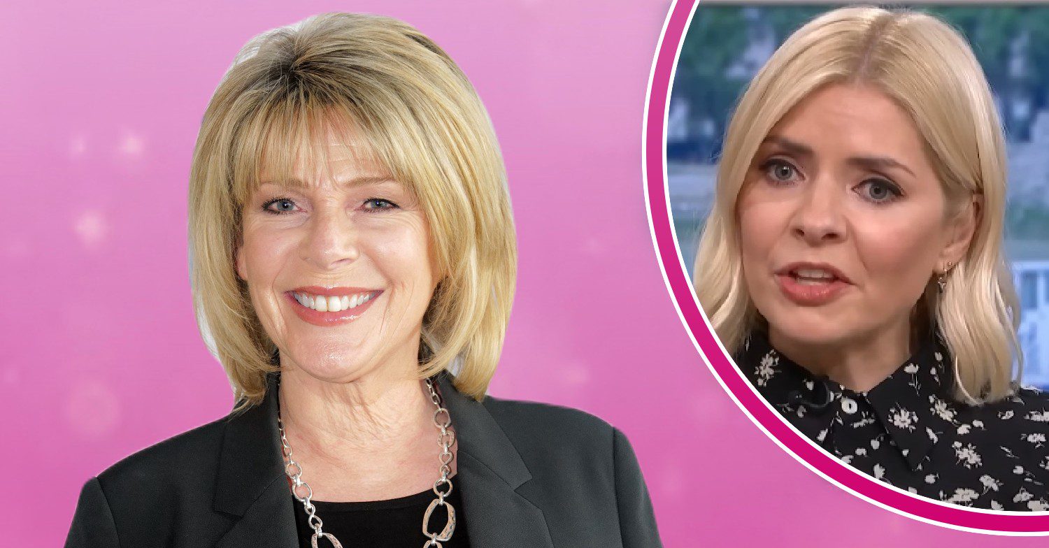 Ruth Langsford smiling in front of pink background and Holly Willoughby on This Morning
