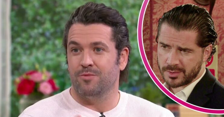 Shayne Ward talking on This Morning; inset, Adam Barlow, looking greasy (Credit: ITV/Composite: ED!)